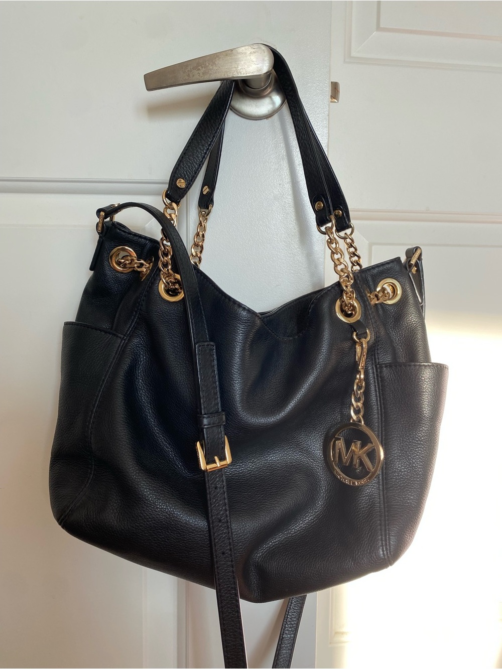 Michael Kors Black Pebbled Leather Shoulder Bag with Gold Hardware